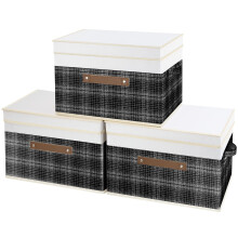 TYEERS Collapsible Storage Bins with Lids Patchwork Design Washable Fabric Storage Boxes for Organizing 14.9x9.8x9.8 inches 3 Pack Black