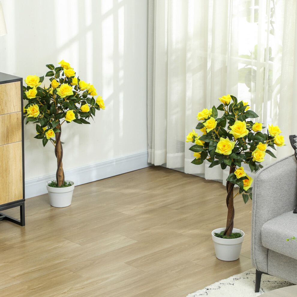 Outsunny Set Of 2 90Cm Artificial Rose Tree, Fake Decorative Plant, Yellow