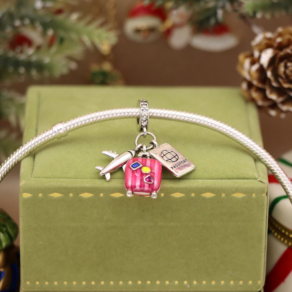 925 Silver Travel Luggage Airplane Passport Trio Charms Pandora Style