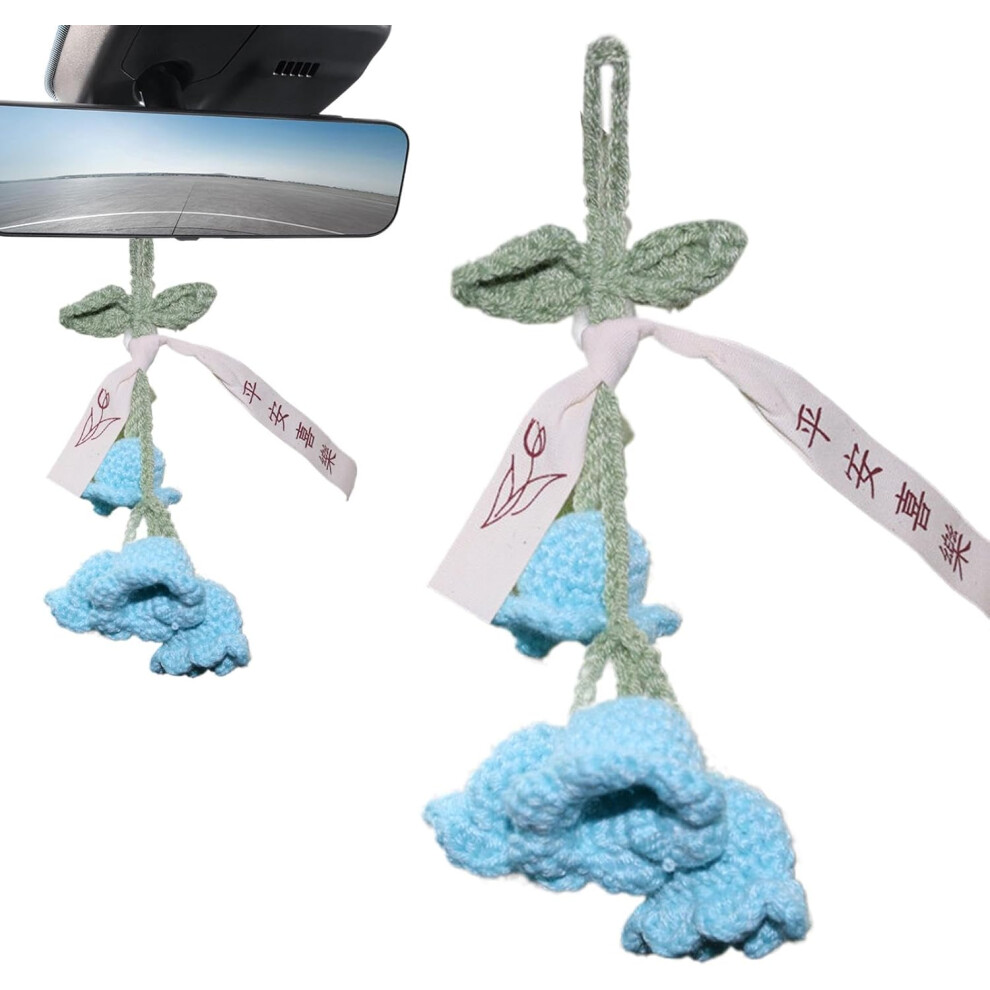 (Blue) Little Flower Ornaments For Car, Auto Lily Of The Valley Ornament, Rearview Looking-glass Crochet Flower Ornament For Front Door Yard Fence