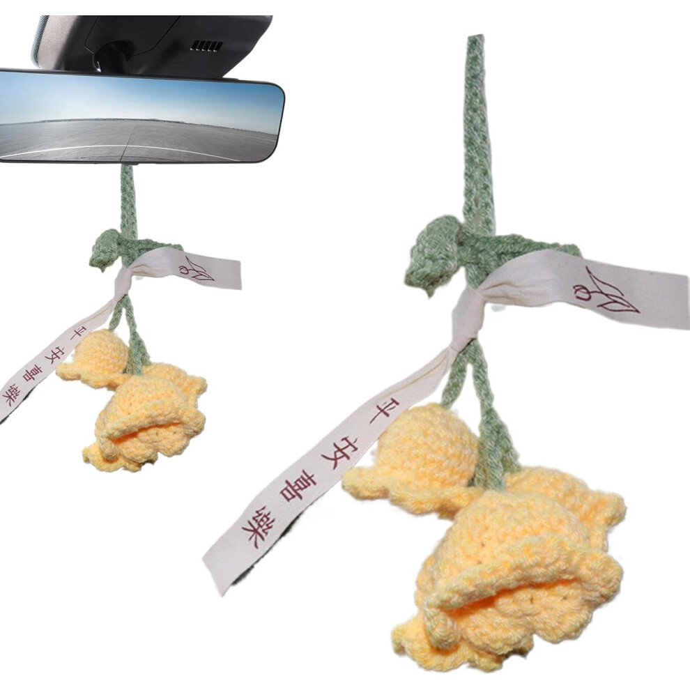 (Yellow) Little Flower Ornaments For Car, Auto Lily Of The Valley Ornament, Rearview Looking-glass Crochet Flower Ornament For Front Door Yard Fence