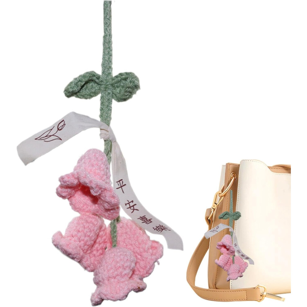 (Pink) Little Flower Ornaments For Car, Auto Lily Of The Valley Ornament, Rearview Looking-glass Crochet Flower Ornament For Front Door Yard Fence
