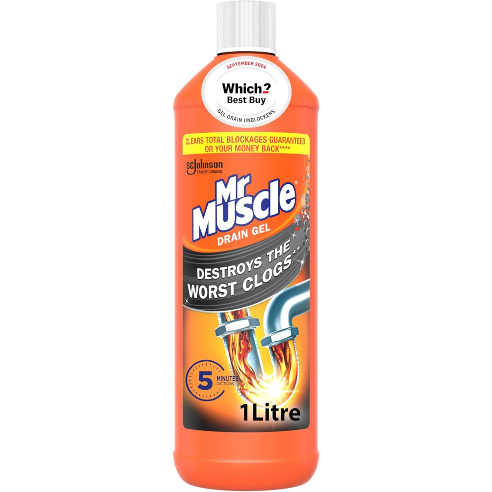 Mr Muscle Drain Unblocker, Sink & Drain Cleaner,, Dissolves Clogs, Works 3x Better Than Bleach, Safe for All Pipes, 1L