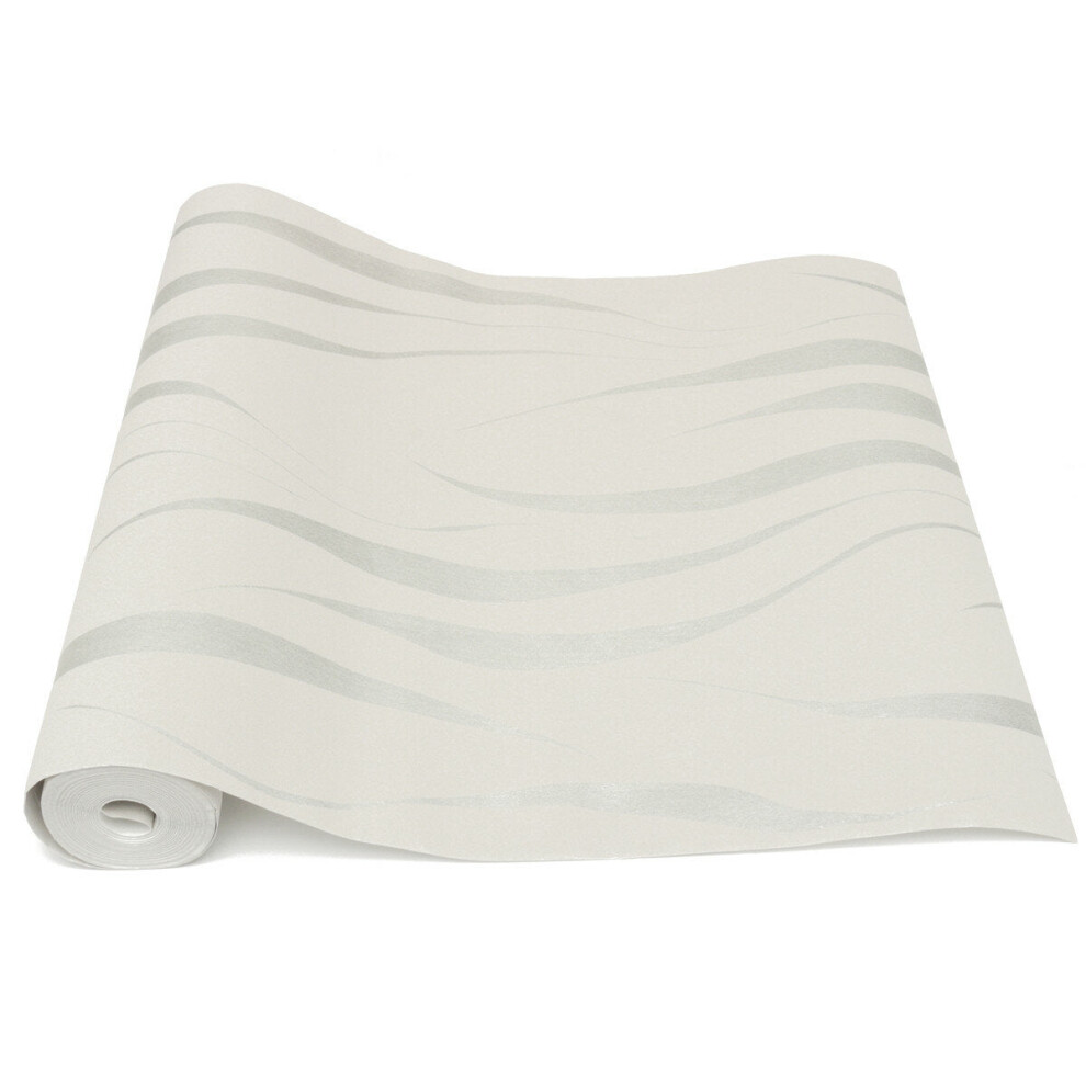 (Grey) 10M 3D Crescent Wave Stripes Embossed Non-Woven Flocking Wallpaper Modern Home Wall Decor 4250937495615
