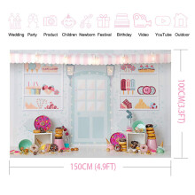 (S) Vinyl Cartoon Dessert Shop Theme Birthday Photography Backdrop Birthday Party Decoration