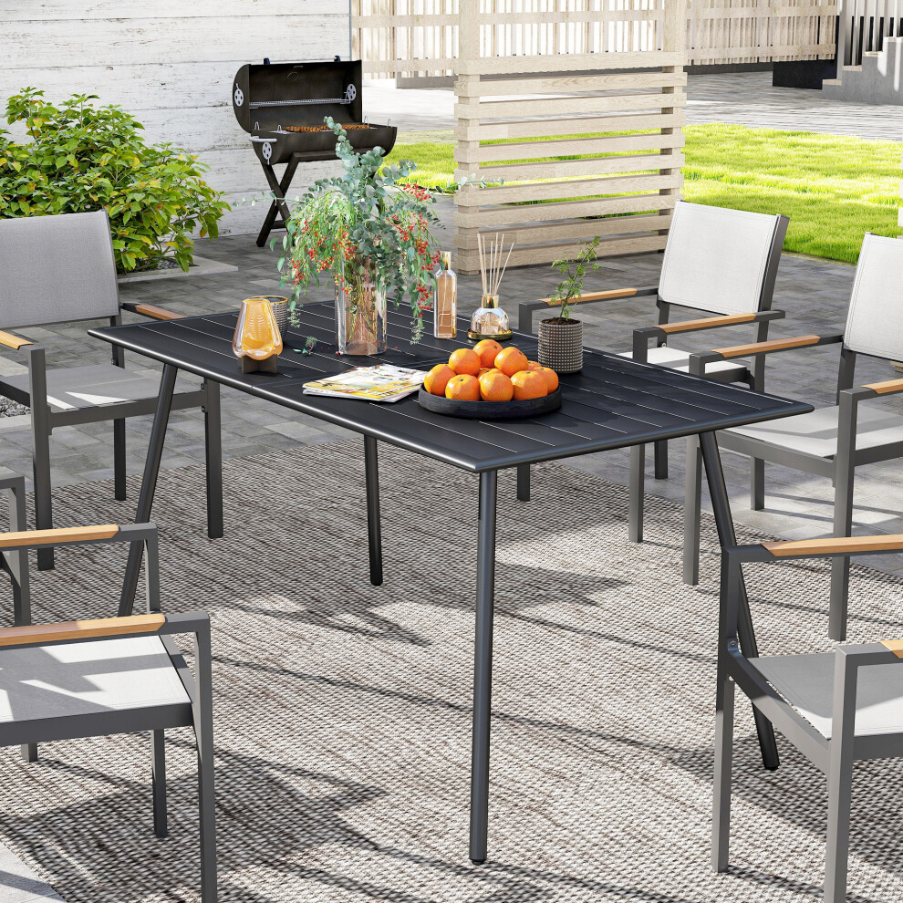 Outsunny Garden Table For 6 Person With Slat Top, Steel Frame, Black