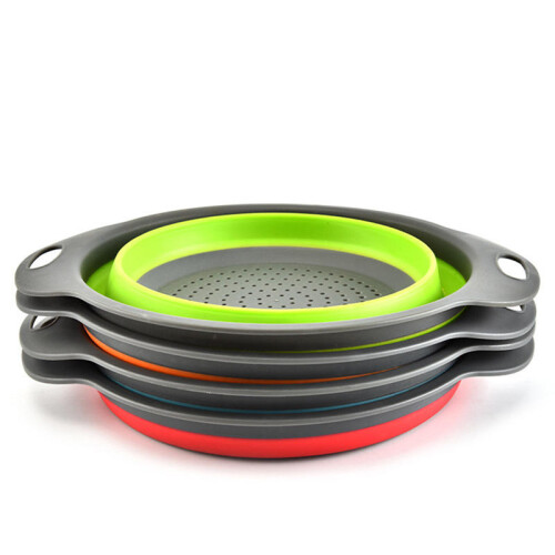 (Orange) 2Pcs/Set Silicone Folding Drain Baskets Retractable Colander Camping Picnic Storage Gadgets 1