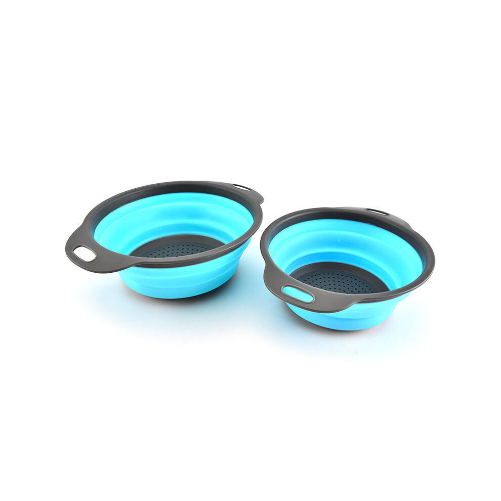 (Blue) 2Pcs/Set Silicone Folding Drain Baskets Retractable Colander Camping Picnic Storage Gadgets