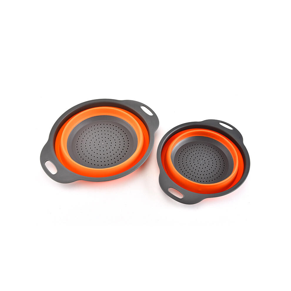 (Orange) 2Pcs/Set Silicone Folding Drain Baskets Retractable Colander Camping Picnic Storage Gadgets