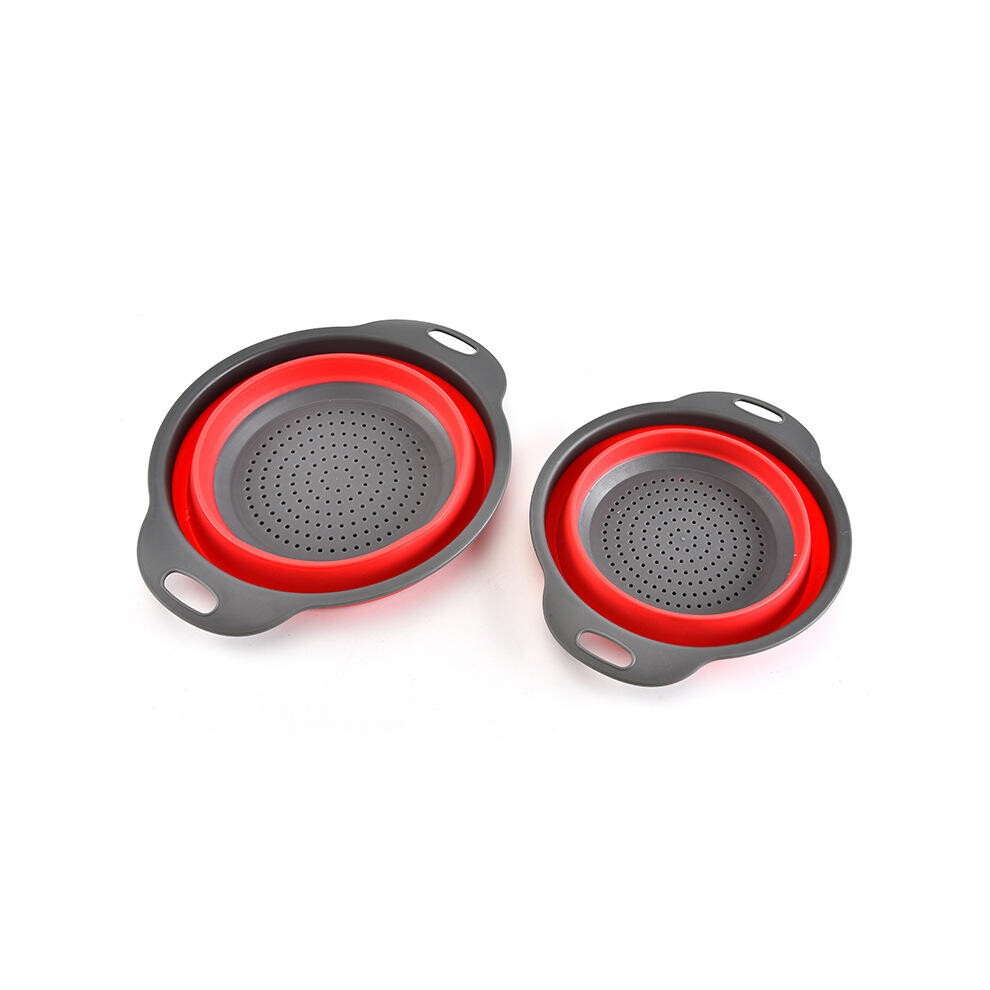 (Red) 2Pcs/Set Silicone Folding Drain Baskets Retractable Colander Camping Picnic Storage Gadgets