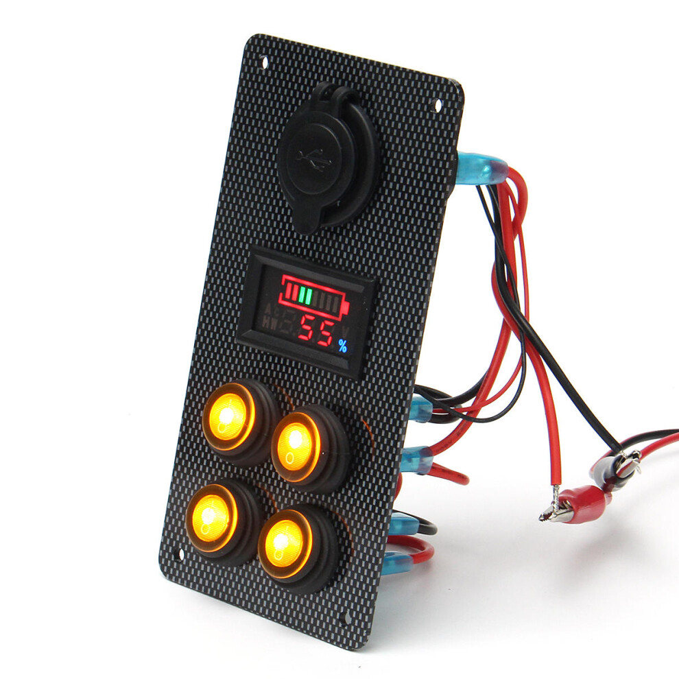 (Yellow) Rocker Switch Panel Battery Charge Level Voltmeter Power Socket Dual USB Charger