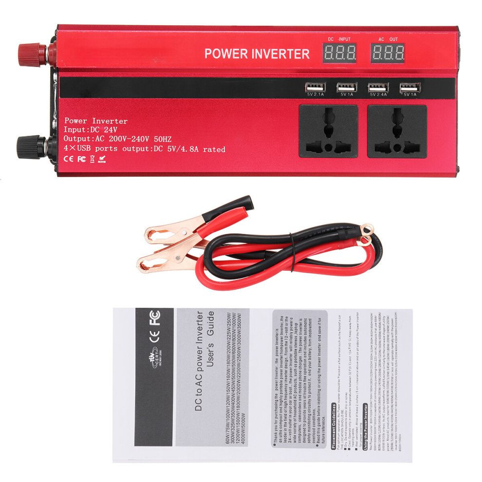 (DC 24V - AC 220V) 5000W 12V/24V DC to 110V/220V AC Solar Power Inverter LED Modified Sine Wave Converter Red