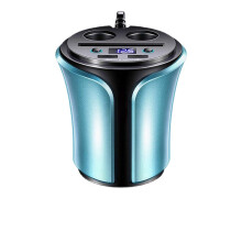 (Blue) Dual USB Ports 3.1A Big Electricity Charging Fast Charger Adapter LED Voltage Display Car Cup Shape Type Charger Multifunctional Protection