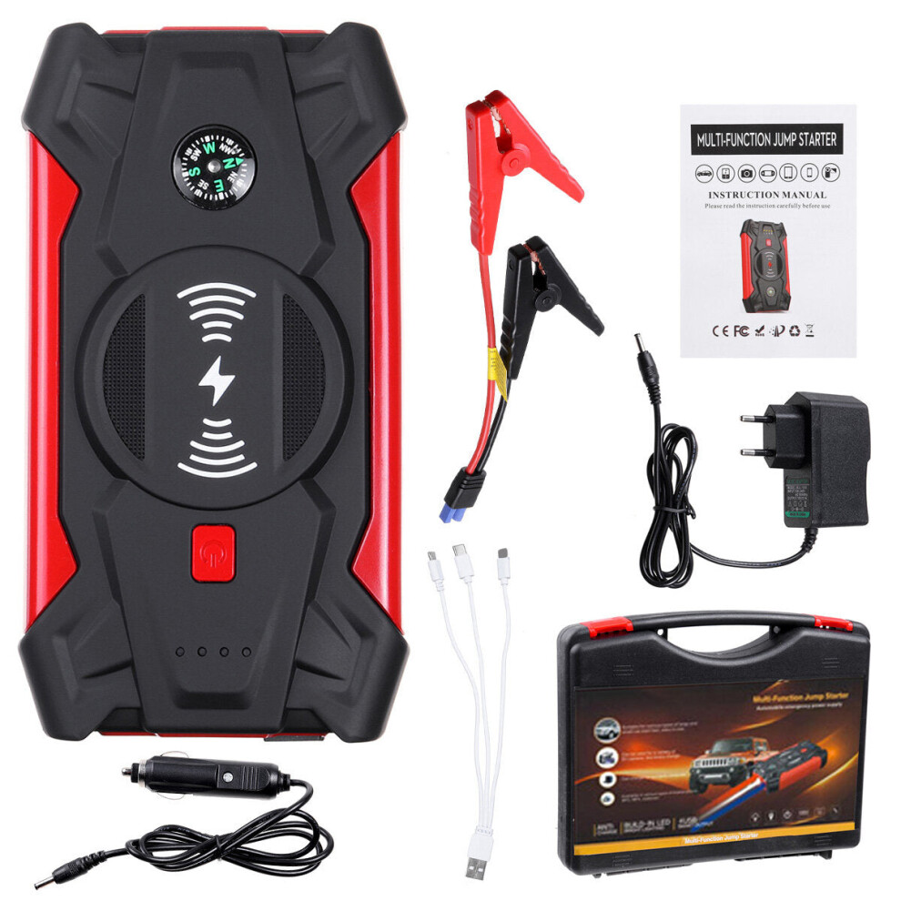 (EU Plug, Deluxe Version) 39800mAh 600A Car Jump Starter Startup Power Source Wireless Charger with 2 USB Output LED Flashlight