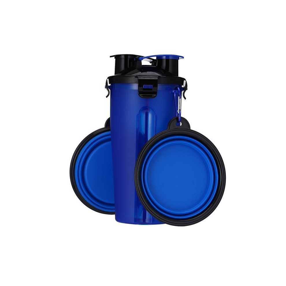 (Blue) Portable 2 in 1 Pet Food Water Food Container with 2 Folding Silicone Pet Bowl Outdoor Travel Dog Feeder Cup