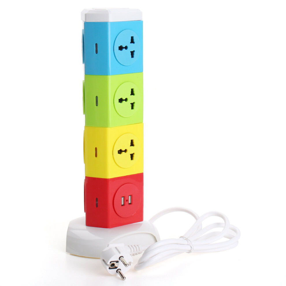 (EU Plug) Four Tiers Rotating Socket Patch Panel USB Plug Board Surge Protection Power Strip