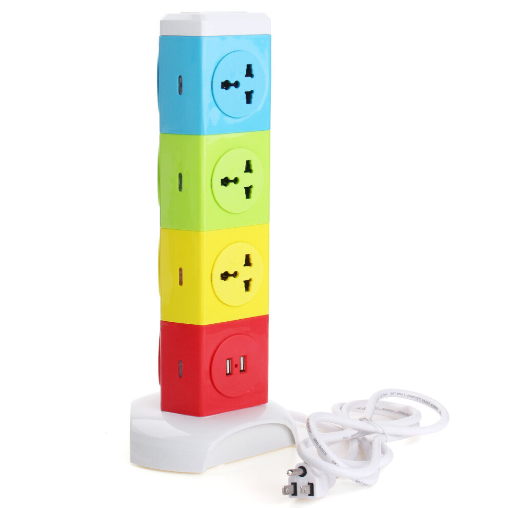 (US Plug) Four Tiers Rotating Socket Patch Panel USB Plug Board Surge Protection Power Strip