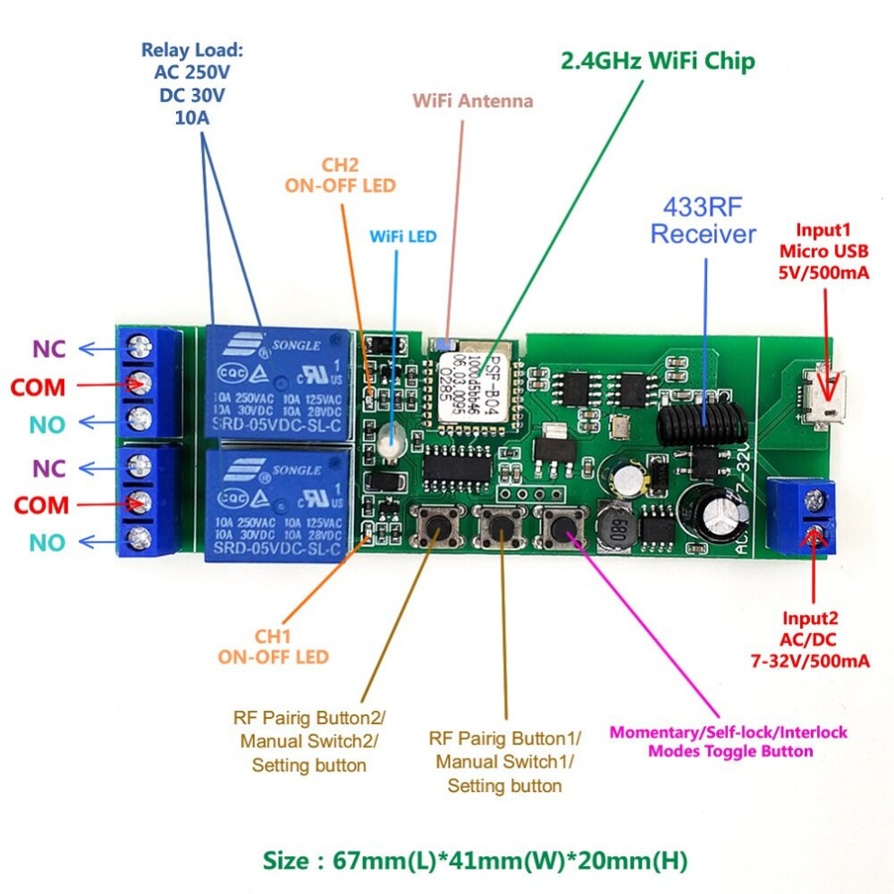 (Wifi+Rf433) Wifi 2-Way Relay Module Self-Locking/Interlock Switch Module Works With Amazon Alexa Google Home 8727971221716