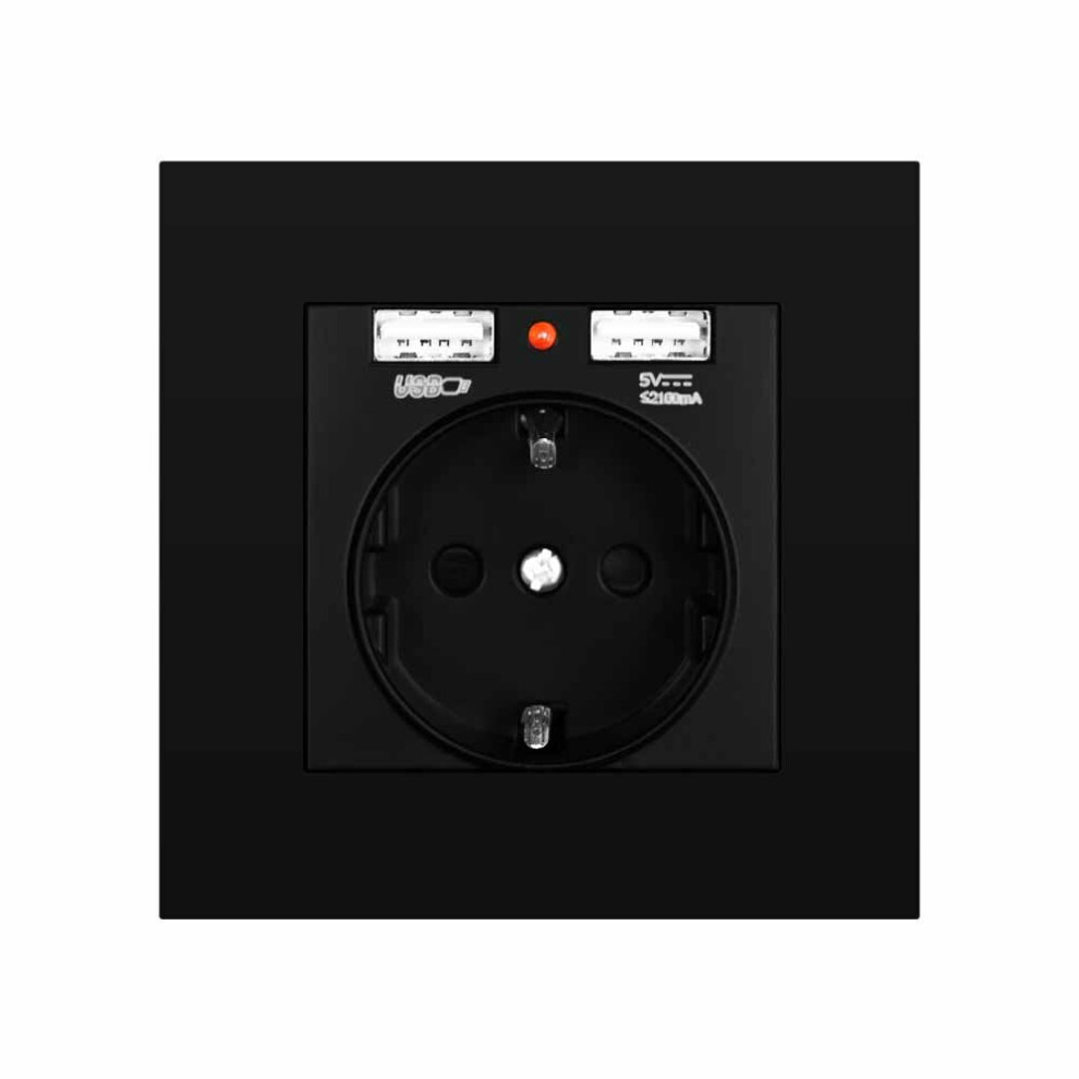 (Black Eu) Eu Power Socket With Dual Usb Port 16A 250V Pc Panel 86Mm X 86Mm 6112212097410