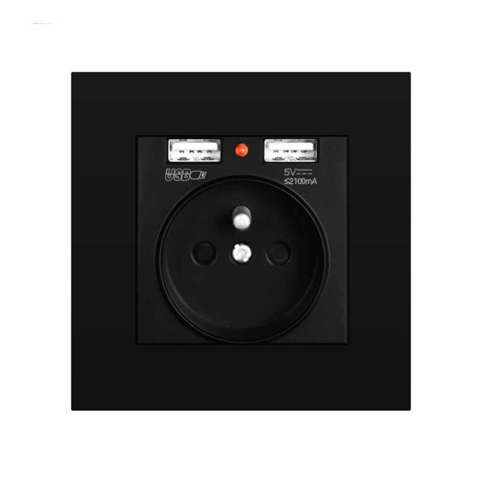 (Black Fr) Eu Power Socket With Dual Usb Port 16A 250V Pc Panel 86Mm X 86Mm 6112212097403