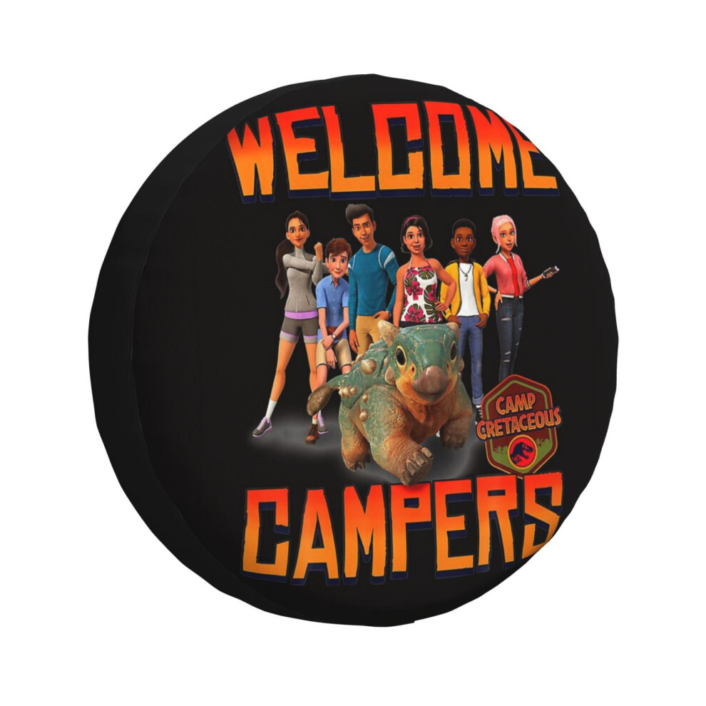 (Jurassic World Camp Cretaceous Welcome Campers Group_3111) Spare Tire Cover For Rv Trailer, Waterproof Wheel Covers Protectors Camper Fit For Jeep Wr 6931076106249
