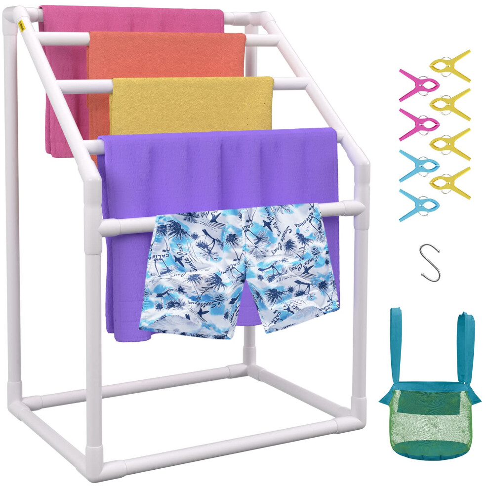 New Vevor Pool Towel Rack, 5 Bar, Freestanding Outdoor Pvc Trapedozal Poolside Storage Organizer, Include 8 Towel Clips, Mesh Bag, Hook, Also White Jq-Jx8