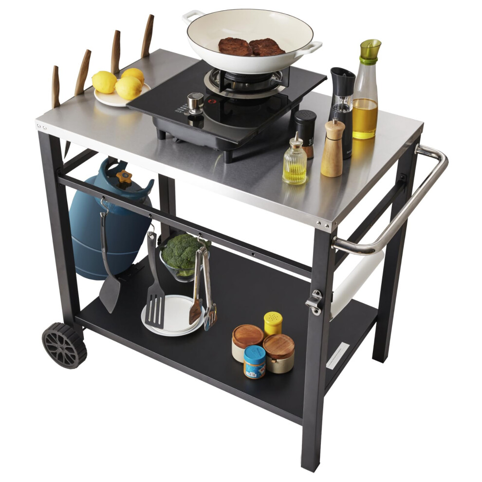 Vevor Outdoor Grill Dining Cart With Double-Shelf, Bbq Movable Food Prep Table, Multifunctional Stainless Steel Table Top, Portable Modular Carts For