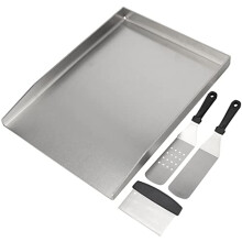 Grihero Universal Griddle Plate with Grill Spatula Scraper Accessory Set, 40x30cm Stainless Steel BBQ Plancha Grill Plate with Grease Drain for Weber,