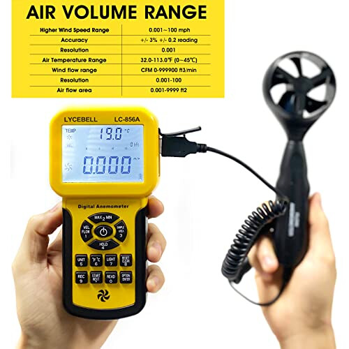 LYCEBELL LC-856A Pro Anemometer with Telescopic Sensor, Wind Speed Meter, Wind Velocity Airflow CFM Meter with Data Storage Back Light LCD for HVAC 2