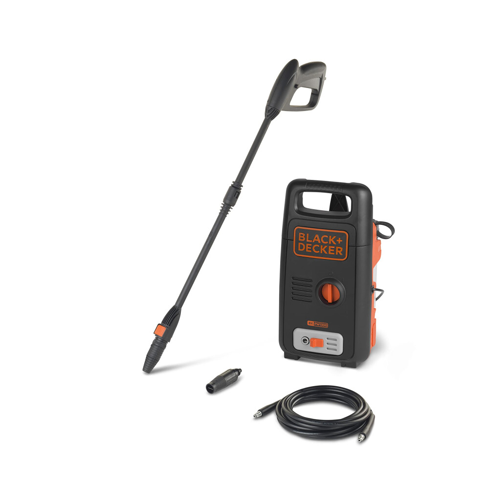 BLACK+DECKER BXPW1300E Pressure Washer, 100 Bar PSI, Rotary Nozzle, 0.4 L Foam Nozzle, Jet Nozzle, Extension Lance, 3 m Hose, 1300 W, Black & Orange