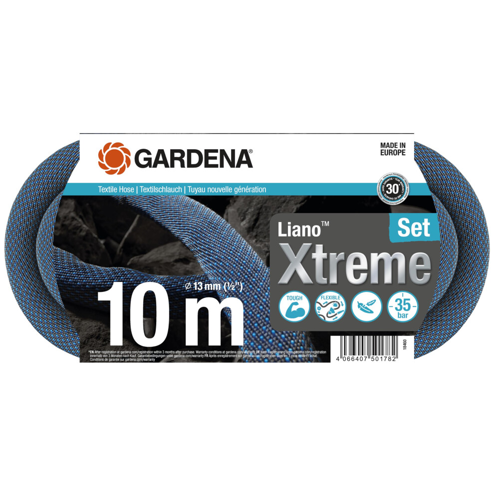 Gardena Liano Xtreme 1/2 inch, 10m set: Extremely robust textile garden hose, for indoor water taps, with PVC inner tube, lightweight,