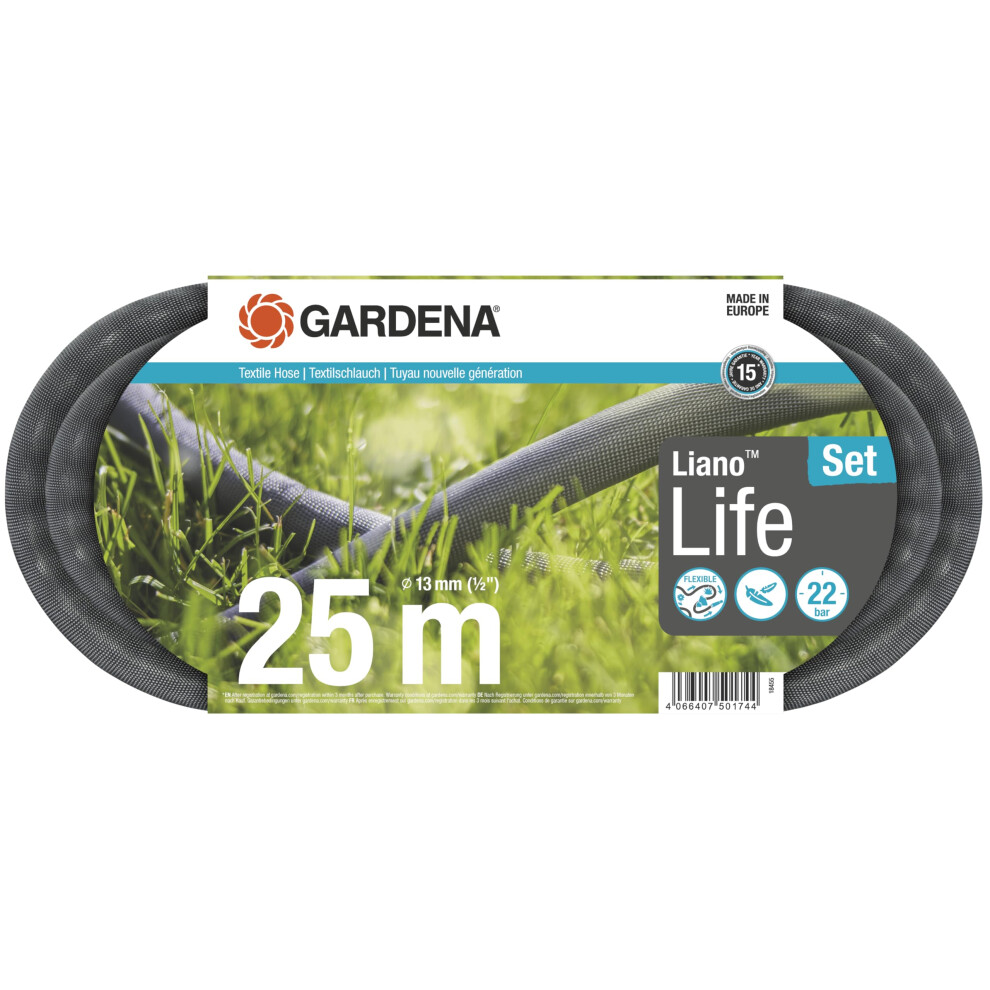 Gardena Liano Life Textile Hose 1/2 Inch, 25M: Highly Flexible Textile Garden Hose, With Pvc Inner Tube, No Kinking, Lightweight, Weather-Resistant