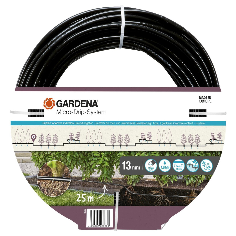 Gardena Micro-Drip-System Irrigation Line 1.6 l/h, above-ground and underground (25 m): Extension pipe for water-saving irrigation system, simple &