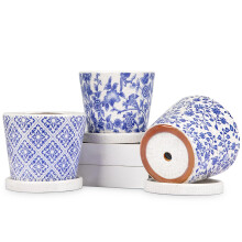 Oairse Set of 3 Blue and White Porcelain 14CM Ceramic Plant Pots Indoor Ceramic Planter with Drainage Holes and Saucers Tray Decorative Flower Pots