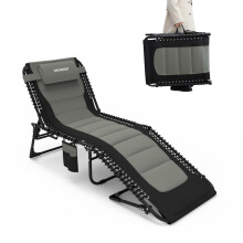 WKFAMOUT Folding Sun Lounger Cushion Reclining Chair 5 Adjustable Portable Lounge Chair Load 120KG Camping Foldable Bed with Pillow Side Pocket