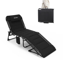 WKFAMOUT Folding Sun Lounger Cushion Reclining Chair 5 Adjustable Portable Lounge Chair Load 120KG Camping Foldable Bed with Pillow Side Pocket