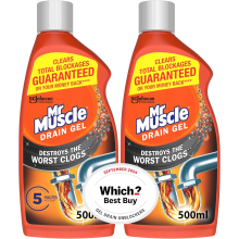 Mr Muscle Drain Unblocker, Sink & Drain Cleaner, Dissolves Clogs, Works 3x Better Than Bleach, Safe for All Pipes, Duo Pack (2 x 500ml)