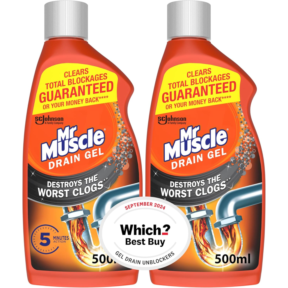 Mr Muscle Drain Unblocker, Sink & Drain Cleaner,  Dissolves Clogs, Works 3x Better Than Bleach, Safe for All Pipes, Duo Pack (2 x 500ml)