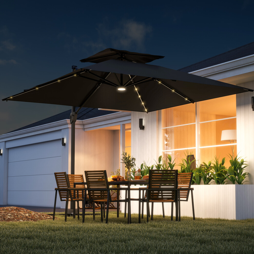 Outsunny 3.5m Aluminium Cantilever Parasol w/ LED Lights Crank Tilt UV50+ Black