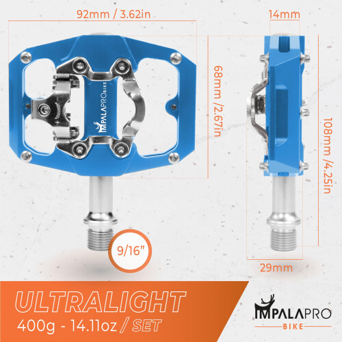 IMPALAPRO - Dual Function Bicycle Pedals 9/16'' Compatible with Shimano - Flat and SPD Clipless Pedals (Blue) 1