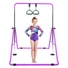 Gymnastic Bar Kids with Flying Ring Folding Adjustable Height Horizontal Gift Set, Expandable Gym Training Bar Equipment for Boys Girls Color Pink