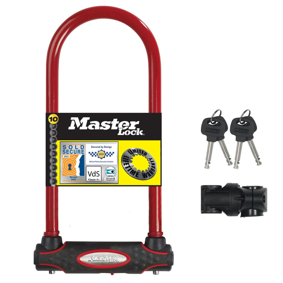 Master Lock Heavy Duty Bike D Lock, Key, Universal Mounting Bracket, Certified Bike Lock, Long Shackle, Red 8195EURDPROLWR - Use with Electric,