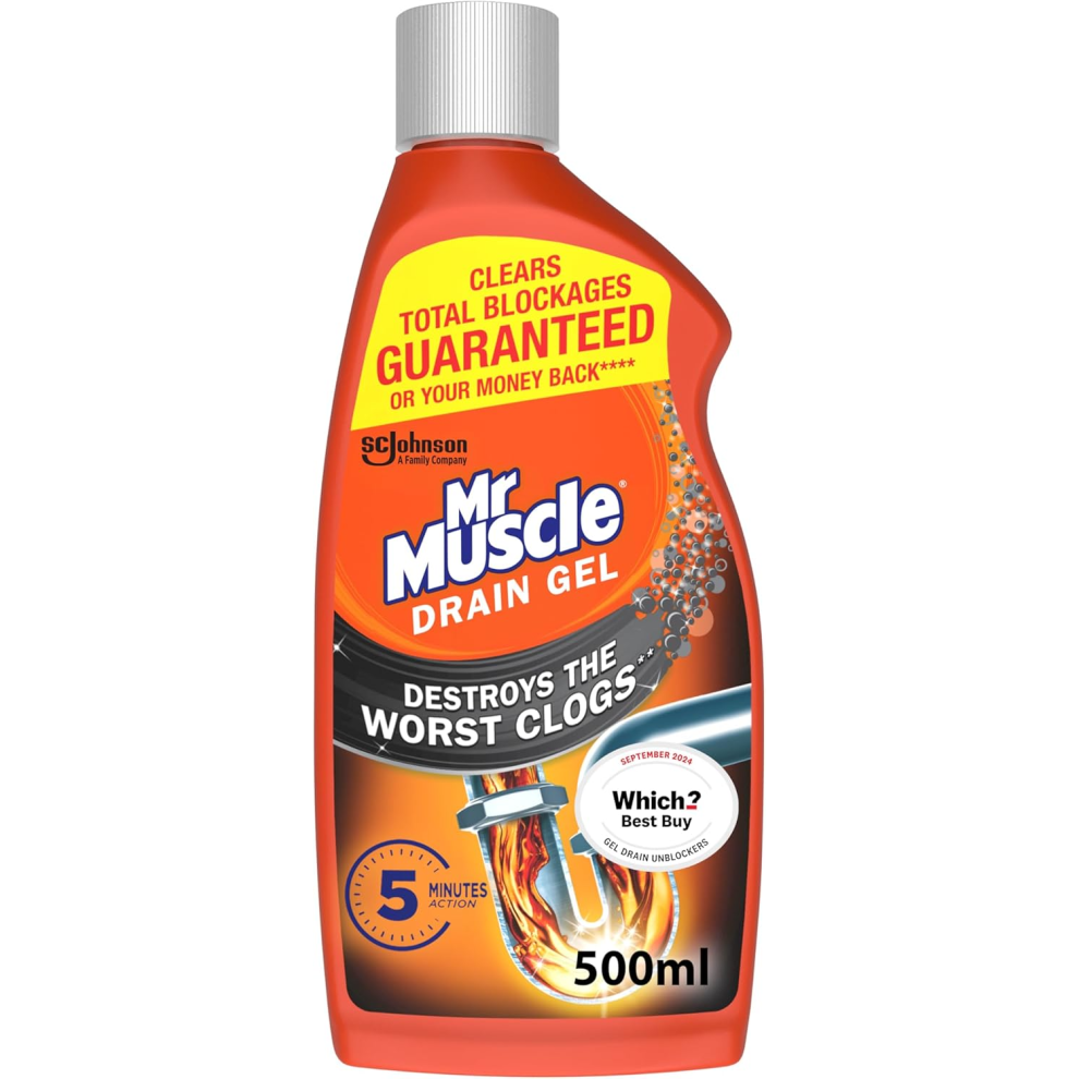 Mr Muscle Drain Unblocker, Sink & Drain Cleaner, Fast Acting Heavy Duty Gel Formula,  Safe for All Pipes, 500ml