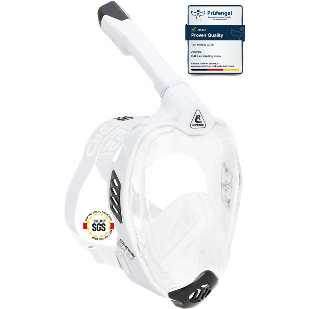 CRESSI Bali Full Face Mask White/Black L/XL - Unisex Integral Snorkel Mask, Anti Fog Clear Lens, 100% Silicone, Dry Snorkel with Float Valve, Action