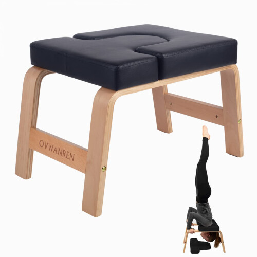 ovwanren Yoga-Kopfstand-Bank, Ständer, Yoga-Stuhl für Familie, Fitnessstudio, Holz- und PU-Pads, lindert Müdigkeit und Aufbau des Körpers (beige