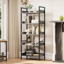 YITAHOME Bookcase 5 Tiers, Floor Standing Book Shelf, Wooden Shelf and Stable Steel Frame Shelving Units with 4 Hooks Industrial Storage Shelf for
