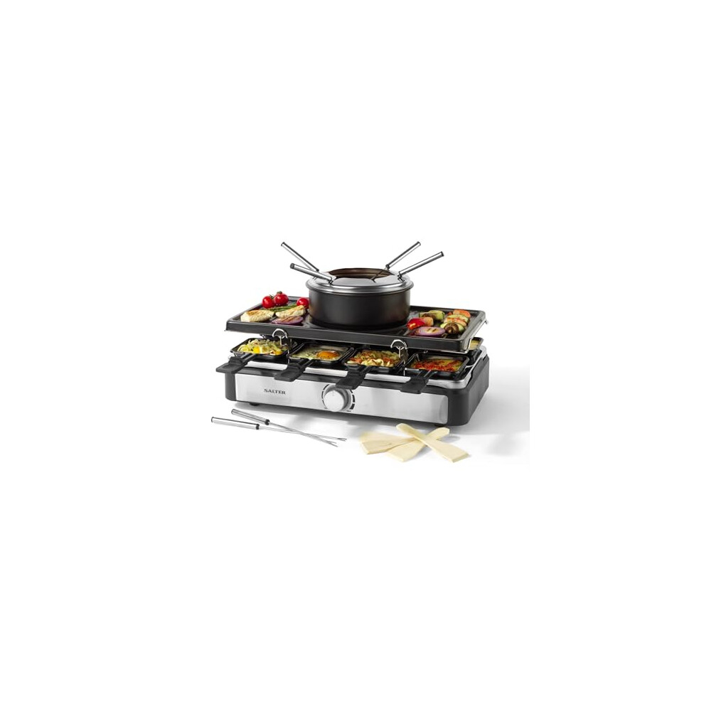 Salter EK4513 Electric Raclette Grill & Fondue - 2 In 1 Indoor Grill, 1.3L Chocolate Melting Pot, 6 Forks, Cheese Fondue Set, Adjustable Temperature