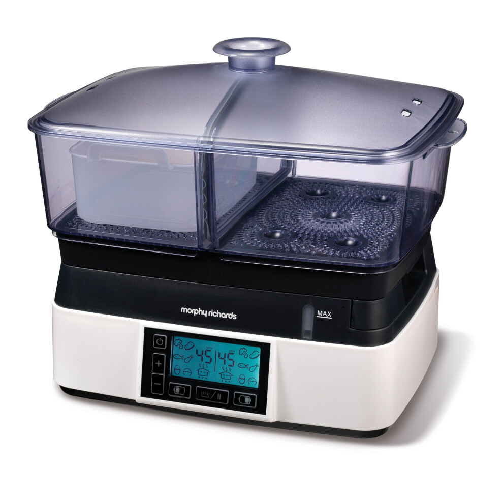 Morphy Richards Intellisteam Compact Food Steamer, 6L, Synchronised Steaming, Digital Display, Memory System, White & Black, 48775