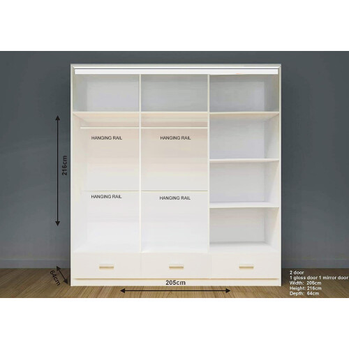 (205cm, White) Modern High Gloss Sliding door Wardrobe with Long LED 2