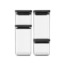 Brabantia Set of 4 Tasty+ Square Stackable Food Canisters/Storage Jars (Dark Grey) Space Saving Transparent Plastic Tubs with Lids, (122422)